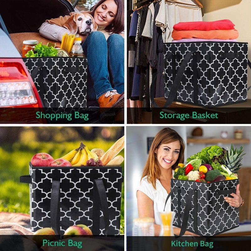 WISELIFE Reusable Grocery Bags 3-Pack Foldable Washable Large Storage Bins Basket Water Resistant Shopping Tote Bag Black - Image 2