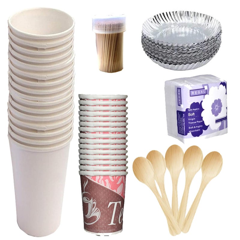 SAI PRASEEDA 100 Biodegradable_Eco Friendly_12 Inch Paper Dinner Plates_Paper Glasses_ Tiffin Plates_Wooden Spoons_Paper Tea Cups_Tissues_Tooth Picks_All Items Pack of 25 Combo_ SPN4 - Image 2