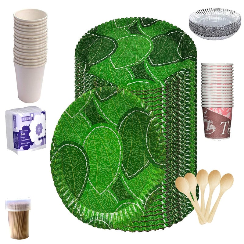 SAI PRASEEDA 100 Biodegradable_Eco Friendly_12 Inch Paper Dinner Plates_Paper Glasses_ Tiffin Plates_Wooden Spoons_Paper Tea Cups_Tissues_Tooth Picks_All Items Pack of 25 Combo_ SPN4 - Image 1
