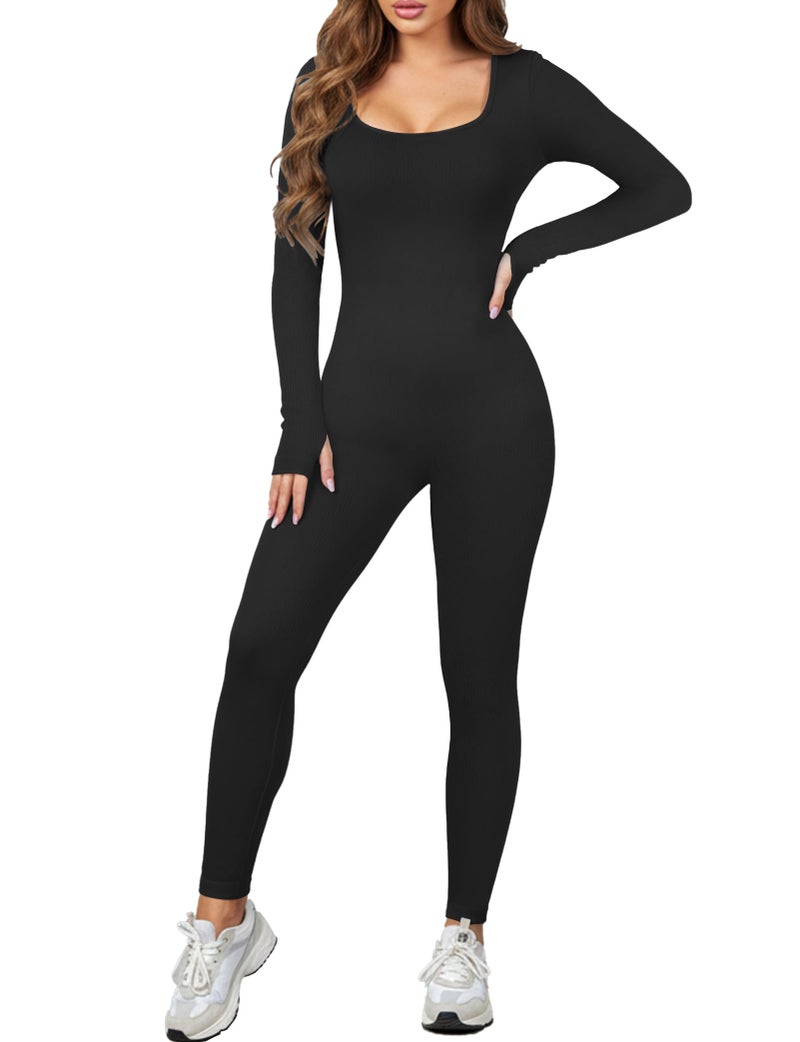 AURUZA Jumpsuits for Women Long Sleeve One Piece Jumpsuits for Women Jumpsuits Yoga Workout Seamless Jumpsuits Rompers Ribbed Exercise Tummy Control Romper square Neck Leggings Romperï¼ŒBlackï¼ŒM - Image 1