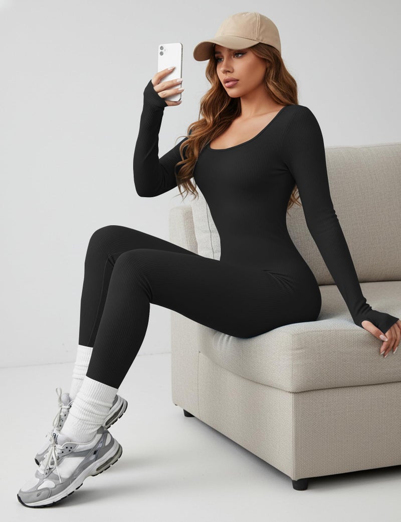 AURUZA Jumpsuits for Women Long Sleeve One Piece Jumpsuits for Women Jumpsuits Yoga Workout Seamless Jumpsuits Rompers Ribbed Exercise Tummy Control Romper square Neck Leggings Romperï¼ŒBlackï¼ŒM - Image 2