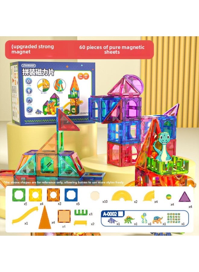 Toy Magnetic Pieces Magnetic Building Blocks Assembled Patch Magnetic Patch Plastic Color Window Magnetic Bar Discrete Pieces Strong Magnetic Pieces-color:7.5cm Super Large And Translucent [60psc Dinosaur + Pipe + Ball] English Color Box  - Image 1