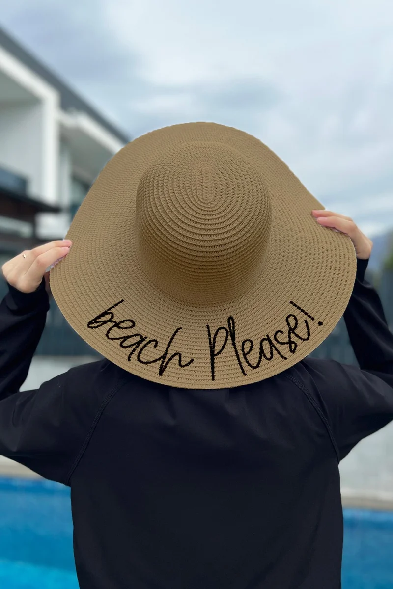ريمسا مايو Beach Please Written Straw Hat Camel Rş-61