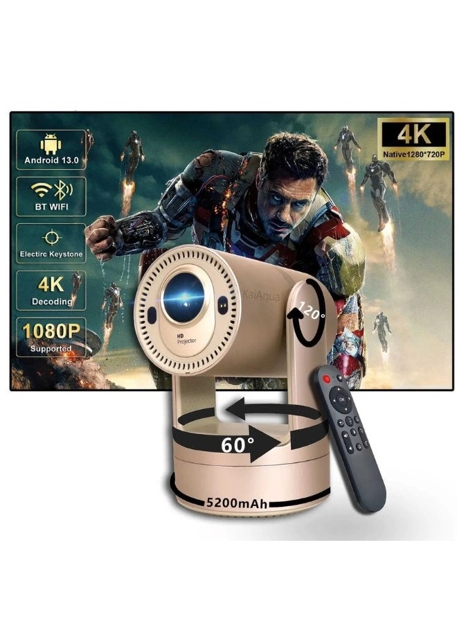 Borrego Smart7 Mini Rechargeable Projector, Portable 4K Supported Smart Projector Built-in Battery, WiFi Bluetooth, With Remote For Home Cinema Bedroom Outdoor Movie Projector for Phone/PC/Tablet/PS-Gold - Image 1