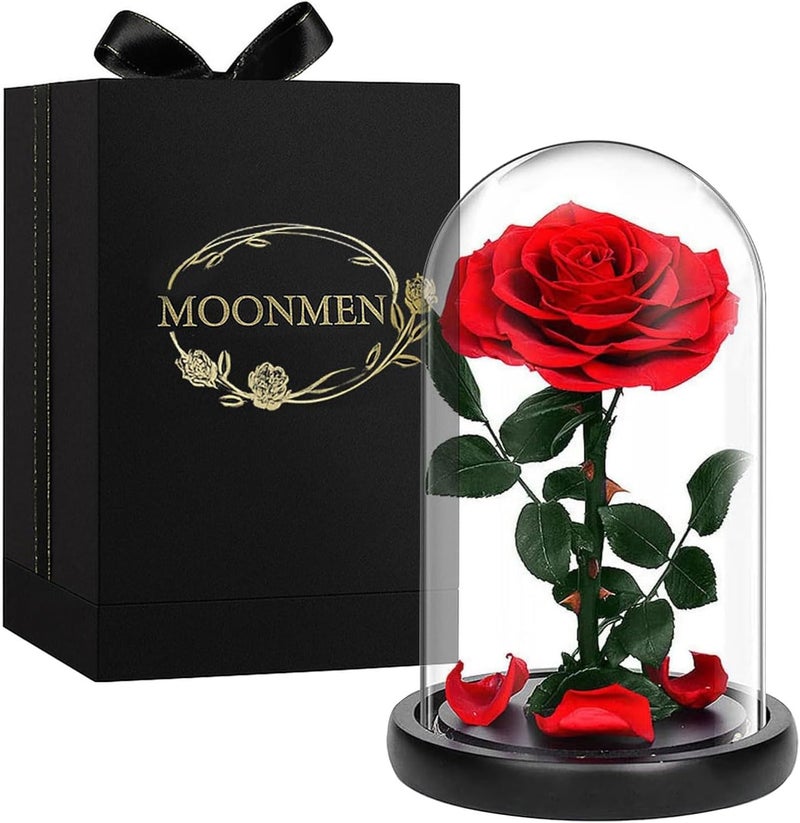 Moonmen Large-size Forever Rose Preserved Flower, Real Eternal Rose in Glass Dome Preserved Flower with Luxury Box - Anniversary Gift for Girlfriend Wife Holiday Wedding Birthday (Red) - Image 1
