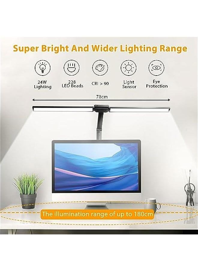 Beauenty - LED Desk Lamp for Home Office, Double-Head Architect Desk Lights Monitor Light 78cm, 24W Clamp Lamp Study Lamp for Reading, Auto Dimming Sensor, 5 Colors 5 Brightness, 40 Mins Timer - Image 1