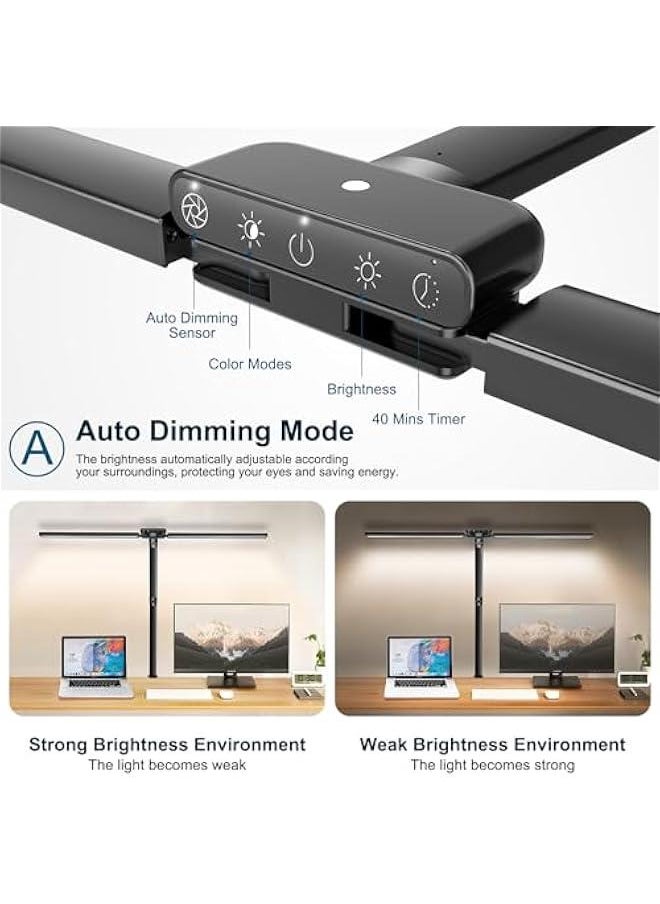 Beauenty - LED Desk Lamp for Home Office, Double-Head Architect Desk Lights Monitor Light 78cm, 24W Clamp Lamp Study Lamp for Reading, Auto Dimming Sensor, 5 Colors 5 Brightness, 40 Mins Timer - Image 1