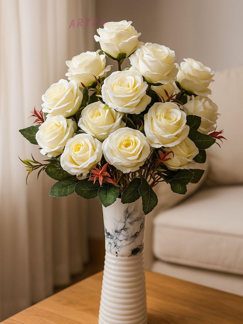 ARTSY® Polyester Artificial Rose Flowers Bunch, Ideal For Vase, Home, Office Decor, Gifts, Craft, Artificial Plants For Decoration, Without Vase, White, Combo, 2 Piece, 35 Cm Height - Image 1