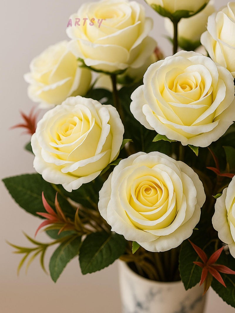 ARTSY® Polyester Artificial Rose Flowers Bunch, Ideal For Vase, Home, Office Decor, Gifts, Craft, Artificial Plants For Decoration, Without Vase, White, Combo, 2 Piece, 35 Cm Height - Image 2