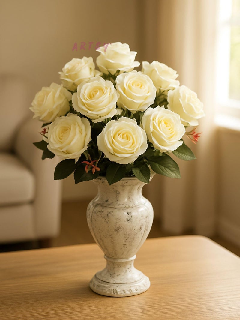 ARTSY® Polyester Artificial Rose Flowers Bunch, Ideal For Vase, Home, Office Decor, Gifts, Craft, Artificial Plants For Decoration, Without Vase, White, Combo, 2 Piece, 35 Cm Height - Image 3