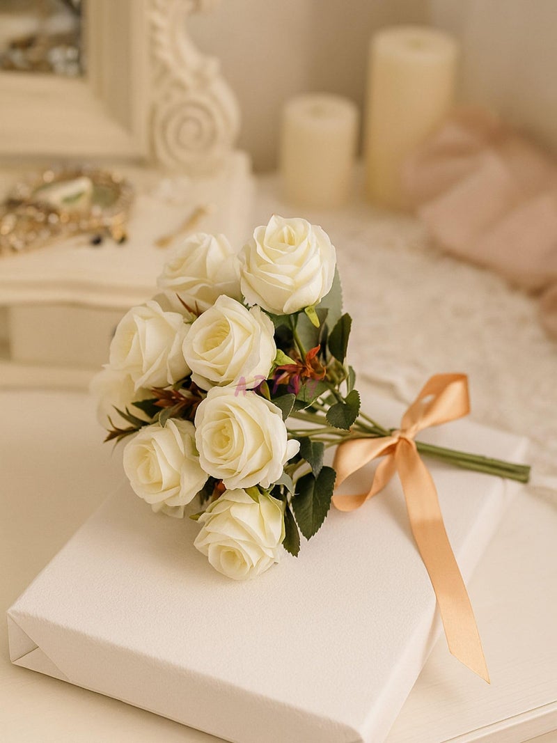 ARTSY® Polyester Artificial Rose Flowers Bunch, Ideal For Vase, Home, Office Decor, Gifts, Craft, Artificial Plants For Decoration, Without Vase, White, Combo, 2 Piece, 35 Cm Height - Image 5