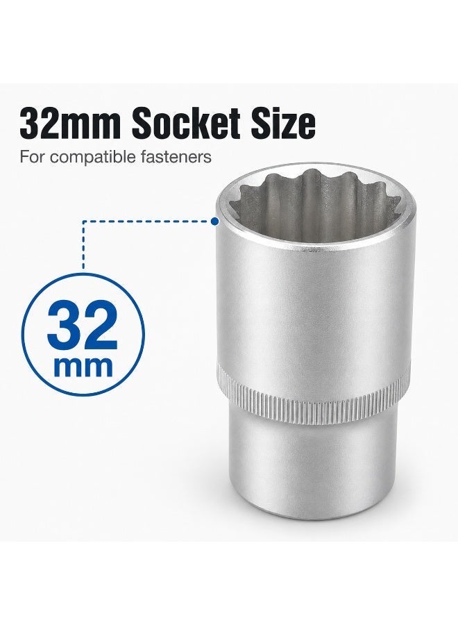 32mm 12 Point Deep Socket Wrench, 1/2 Inch Square Drive, Chrome Vanadium Steel CR-V Socket for Ratchet, Breaker Bar, Automotive Repair and Workshop Use - Image 2