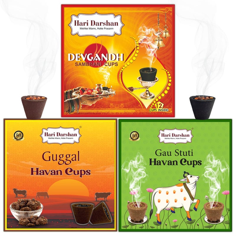 Hari Darshan Combo Sambrani Cup 36 Cups Devgandh Sambrani CupCow Dung Dhoop Guggal Loban Dhoop for Pooja HavanPack of 3 12 Cups Each 1 Burner PlatePack - Image 1