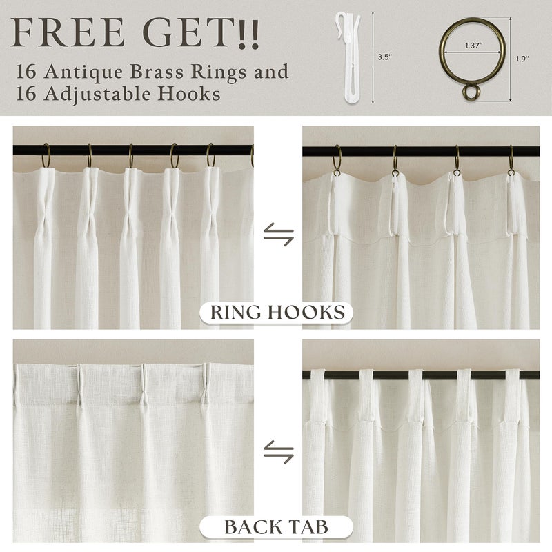 TWODRAPES Natural Cream Pinch Pleat Linen Curtains 120 Inches Long for Living Room Pleated Drapes Hooks Rings Back Tab Light Filtering Boho Farmhouse Extra Long Semi Sheer 120 Inch Curtain Dining Room Bedroom - Image 4