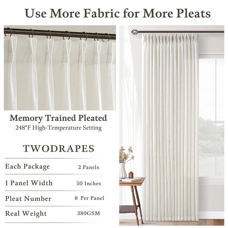 TWODRAPES Natural Cream Pinch Pleat Linen Curtains 120 Inches Long for Living Room Pleated Drapes Hooks Rings Back Tab Light Filtering Boho Farmhouse Extra Long Semi Sheer 120 Inch Curtain Dining Room Bedroom - Image 5