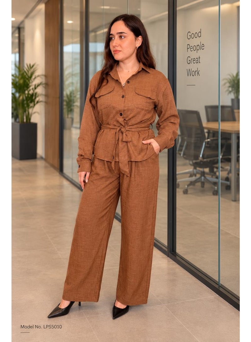 Linelle Caramel Brown Linen-Look Belted Shirt & Wide-Leg Co-Ord Set
