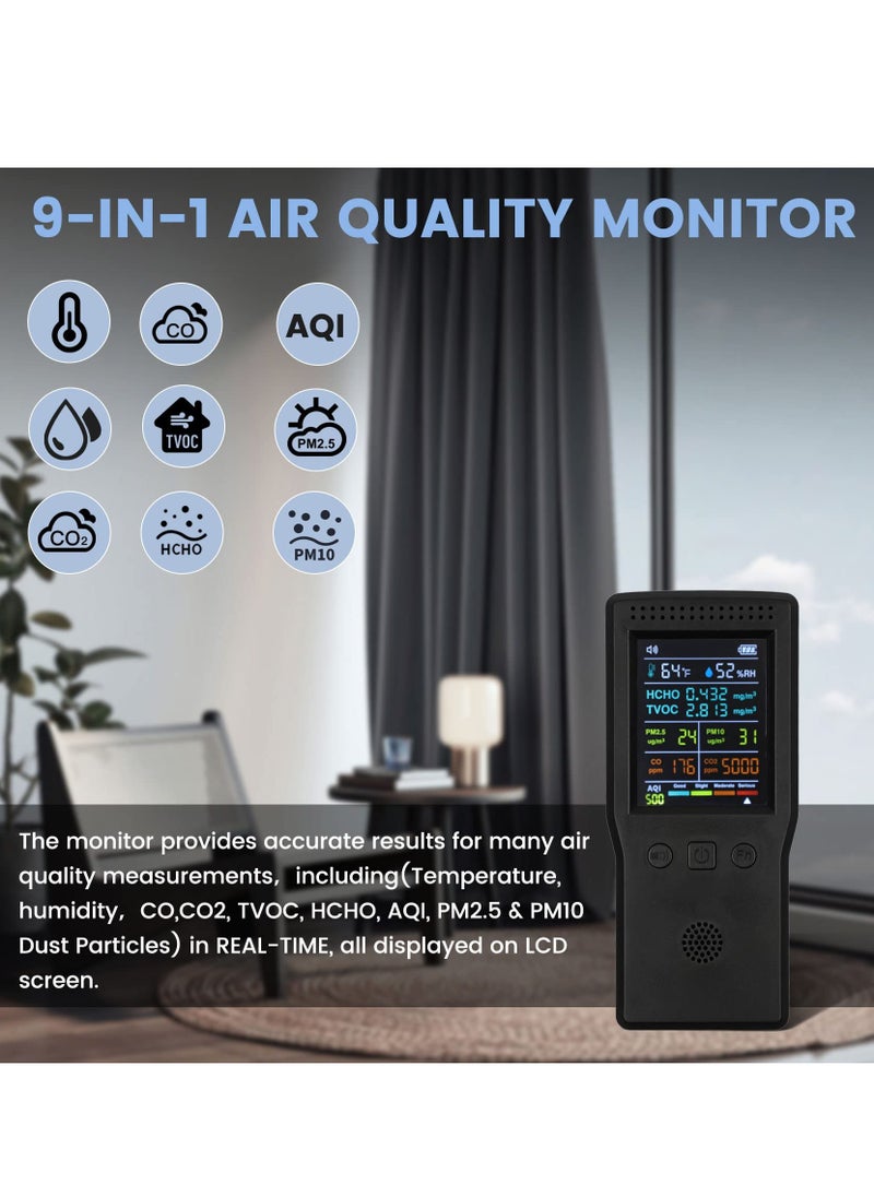 Excefore 9 in 1 Air Quality Monitor, Formaldehyde Detector Indoor, Temperature & Humidity Meter, Pollution Tester, Sensor, Detect PM2.5/PM10 Monitor, Test Indoor HCHO TVOC Volatile Organic Compound Gas  - Image 2