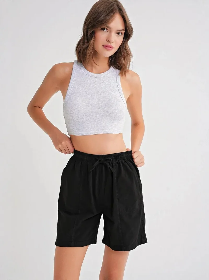 MixRay Black Mixray High Waist Cotton Drawstring Mini Shorts for Women | Best Price UAE