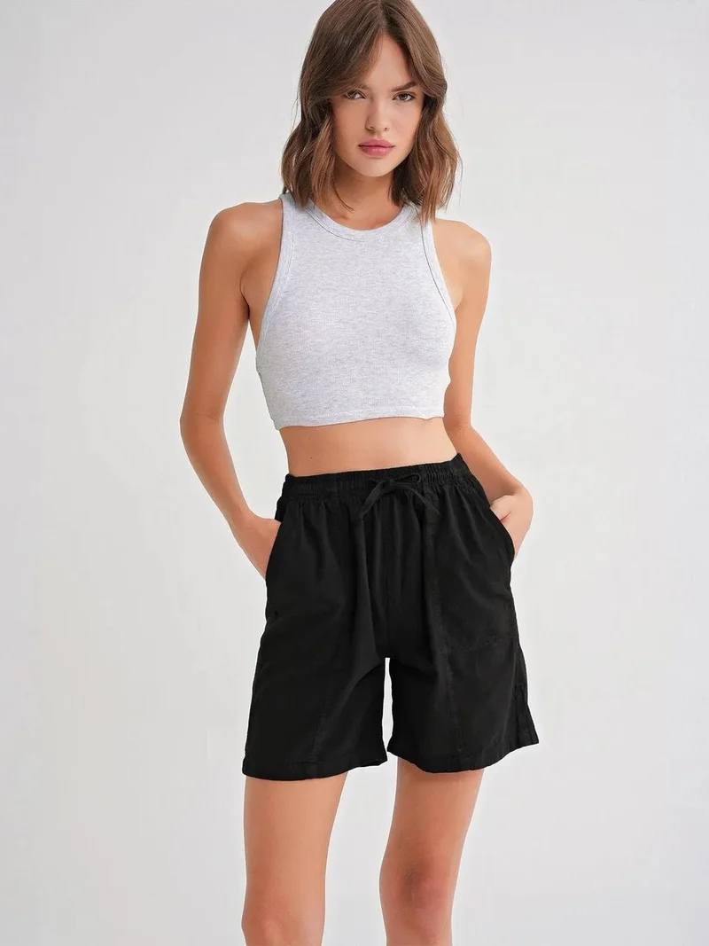 Mixray High Waist Cotton Drawstring Mini Shorts