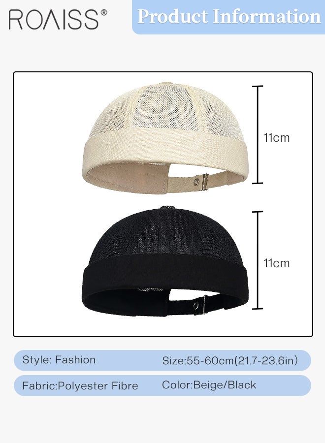 roaiss 2 Pcs Summer Men Women Brimless Beanie Caps Adjustable Vintage Style Cap Hip-hop Hat Casual Fashion Outdoor Breathable Mesh Hat with Rolled Cuff - Image 2