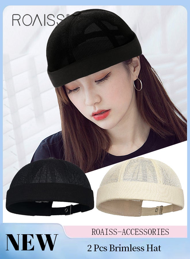 roaiss 2 Pcs Summer Men Women Brimless Beanie Caps Adjustable Vintage Style Cap Hip-hop Hat Casual Fashion Outdoor Breathable Mesh Hat with Rolled Cuff - Image 1