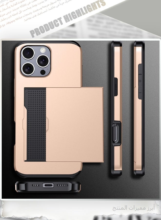 جراب iPhone 17 Pro Max مزود بحامل بطاقات ومسند، غطاء حماية مزدوج الطبقات شديد التحمل ومقاوم للصدمات، لون ذهبي معدني. - Image 4