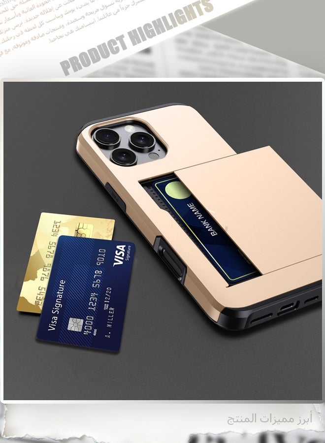 جراب iPhone 17 Pro Max مزود بحامل بطاقات ومسند، غطاء حماية مزدوج الطبقات شديد التحمل ومقاوم للصدمات، لون ذهبي معدني. - Image 5