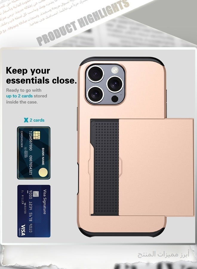 جراب iPhone 17 Pro Max مزود بحامل بطاقات ومسند، غطاء حماية مزدوج الطبقات شديد التحمل ومقاوم للصدمات، لون ذهبي معدني. - Image 3