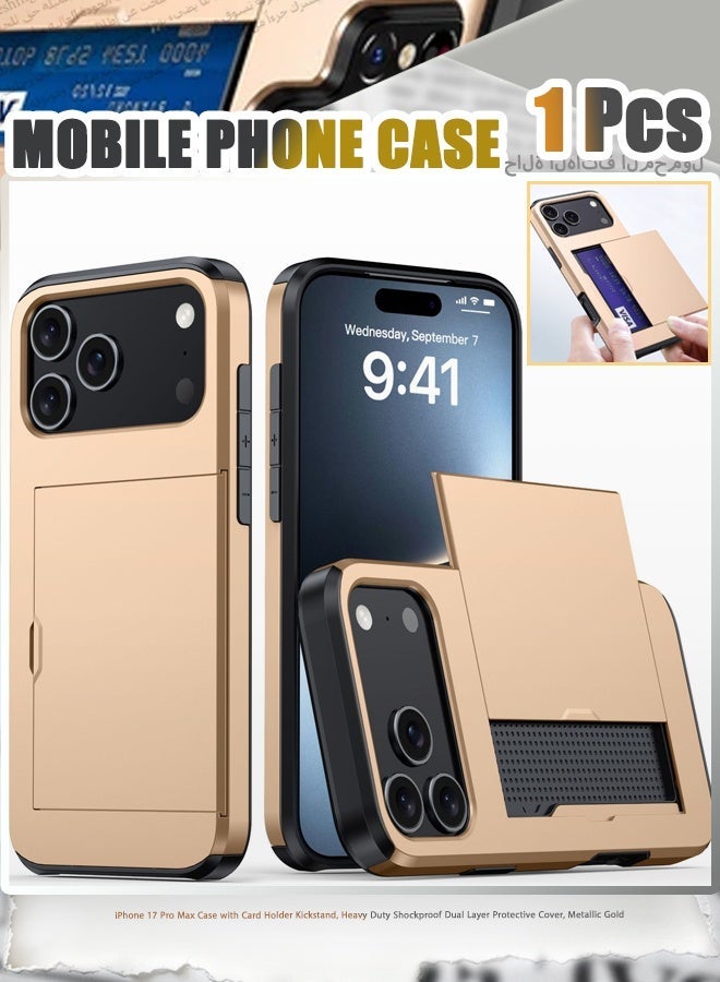 جراب iPhone 17 Pro Max مزود بحامل بطاقات ومسند، غطاء حماية مزدوج الطبقات شديد التحمل ومقاوم للصدمات، لون ذهبي معدني. - Image 1