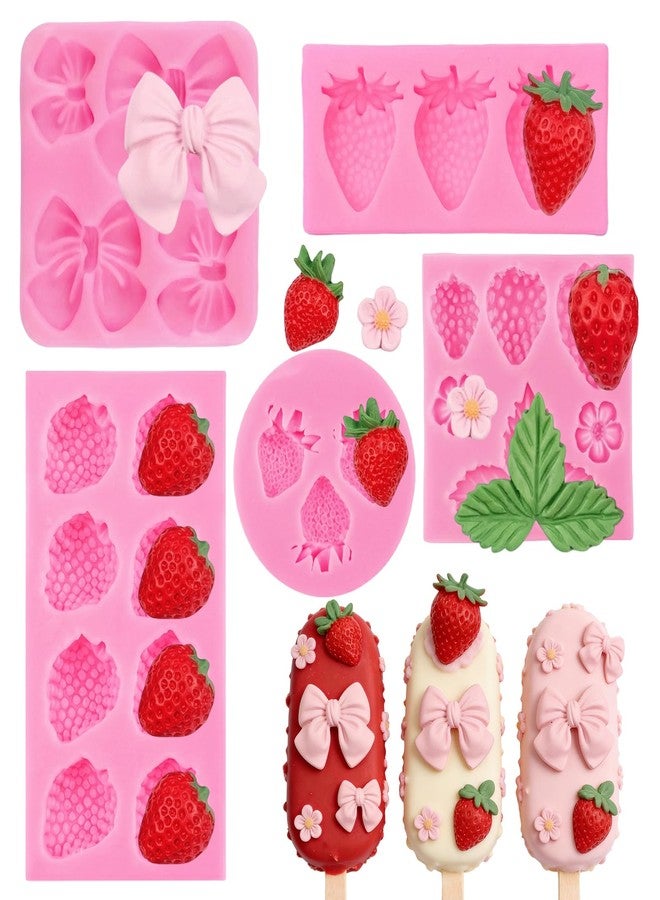 Sdfvsdg 5PCS Strawberry Fondant Molds Silicone 3D Strawberry Bow Fondant Molds Fruit Baking Mold for Chocolate Candy Candle Clay Cake Decorating Cupcake Topper - Image 1