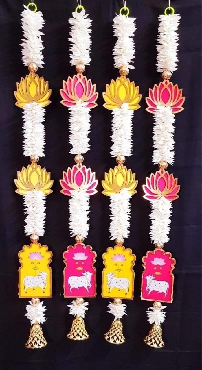 Generic Hanging Decorations with Lotus and Animal Motifs Set of 4 Yellow and Pink 