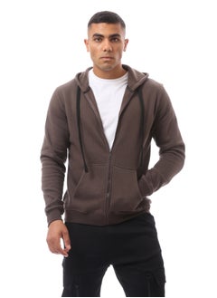 Brown Fly Zipper Solid Sweat Shirt