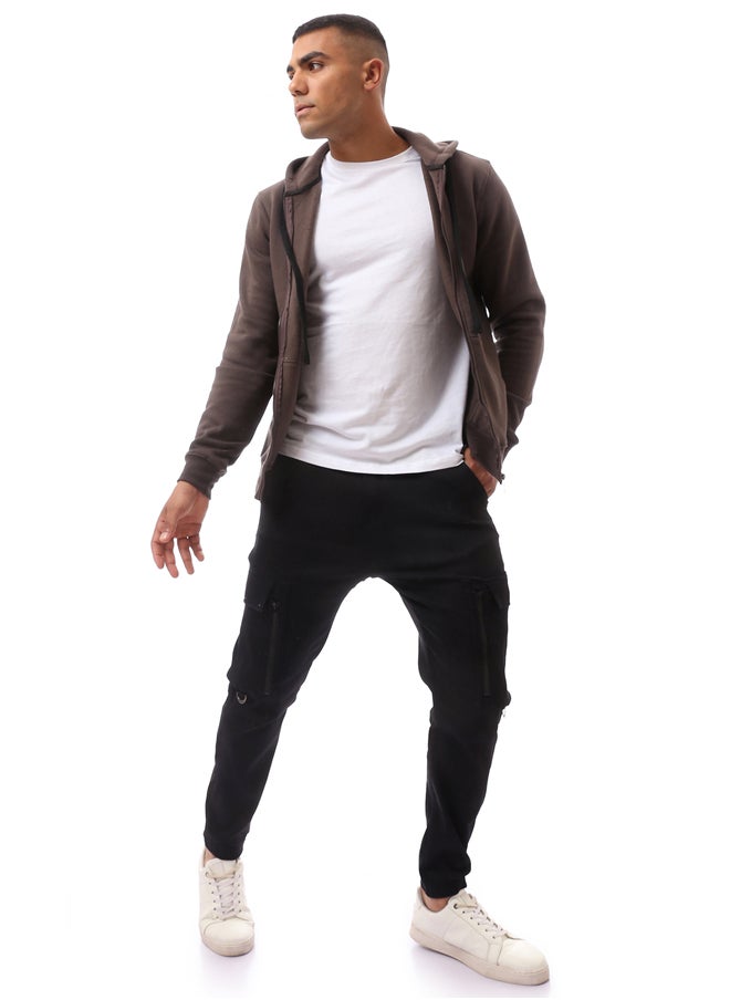 RAVIN - Brown Fly Zipper Solid Sweat Shirt - Image 1