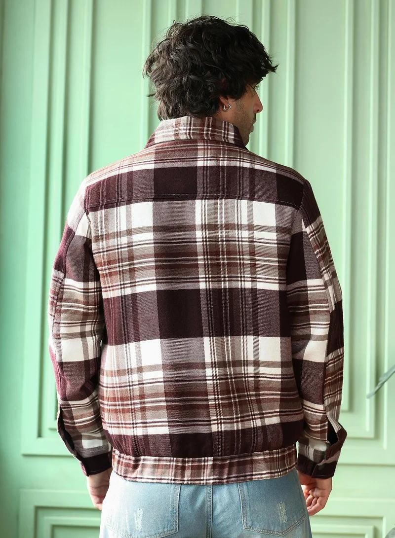 CAHOOT  Men's Chestnut Brown Brushed-Plaid Bomber Jacket for Men | Best Price UAE