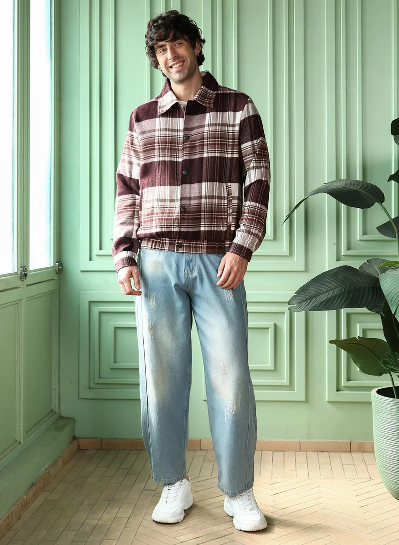 CAHOOT  Men's Chestnut Brown Brushed-Plaid Bomber Jacket for Men | Best Price UAE