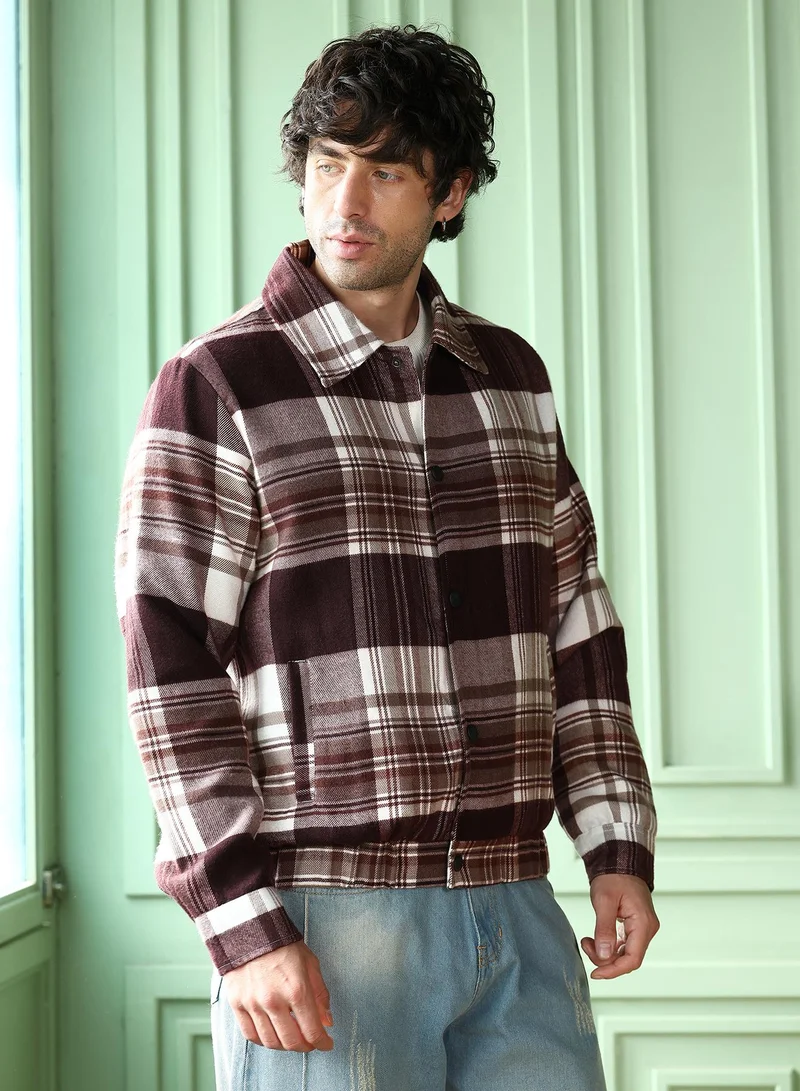 CAHOOT  Men's Chestnut Brown Brushed-Plaid Bomber Jacket for Men | Best Price UAE