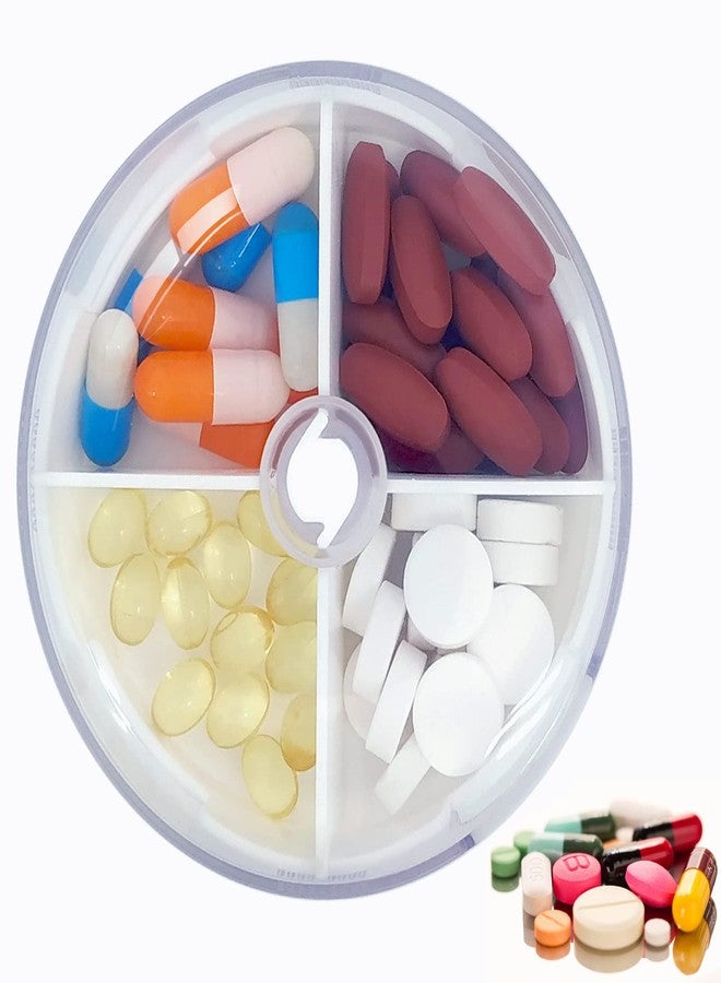 INVODA Pill Organizer Portable Travel Pill Box Round Rotatable Pill Case 4 Large Compartments Medicine Organizer for Vitamin Fish Oil Pills Supplements (White - Image 1