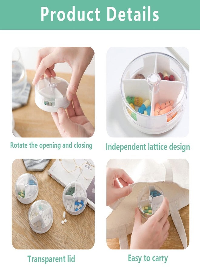 INVODA Pill Organizer Portable Travel Pill Box Round Rotatable Pill Case 4 Large Compartments Medicine Organizer for Vitamin Fish Oil Pills Supplements (White - Image 2