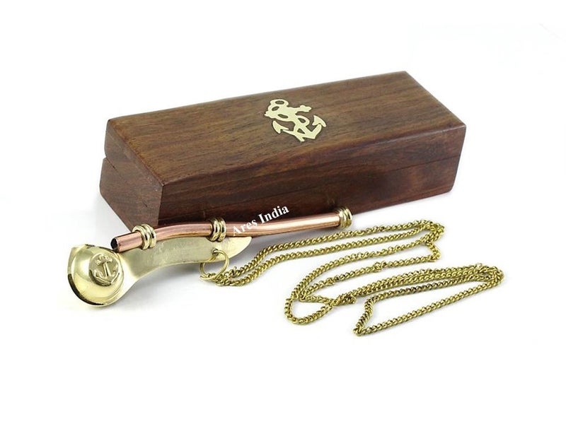 Hampton Nautical Solid Brass/Copper Boatswain (Bosun) Whistle with Rosewood Box, 5", Brass - Image 1