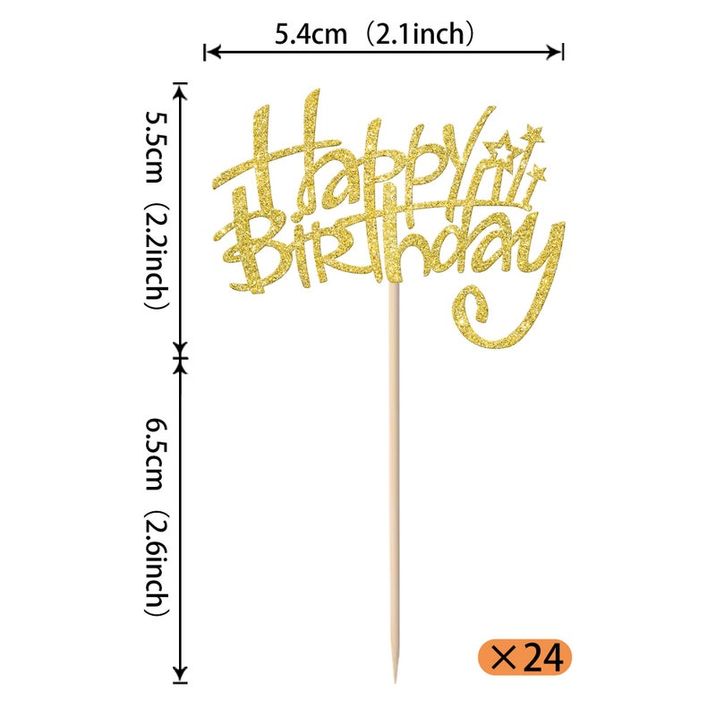 Rsstarxi 24 Pack Happy Birthday Cupcake Toppers  Golden Glitter Birthday Cake Decorations Cupcake Picks for Anniversary Party Decorations - Image 2