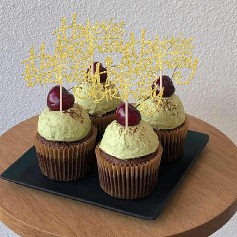 Rsstarxi 24 Pack Happy Birthday Cupcake Toppers  Golden Glitter Birthday Cake Decorations Cupcake Picks for Anniversary Party Decorations - Image 3