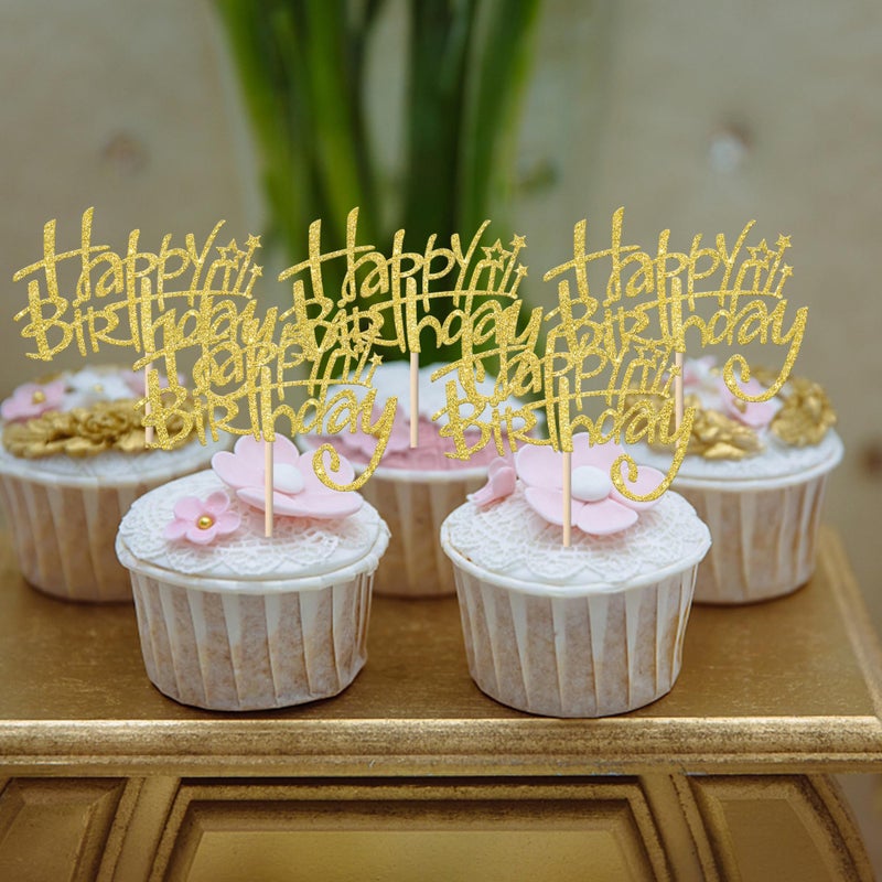 Rsstarxi 24 Pack Happy Birthday Cupcake Toppers  Golden Glitter Birthday Cake Decorations Cupcake Picks for Anniversary Party Decorations - Image 4