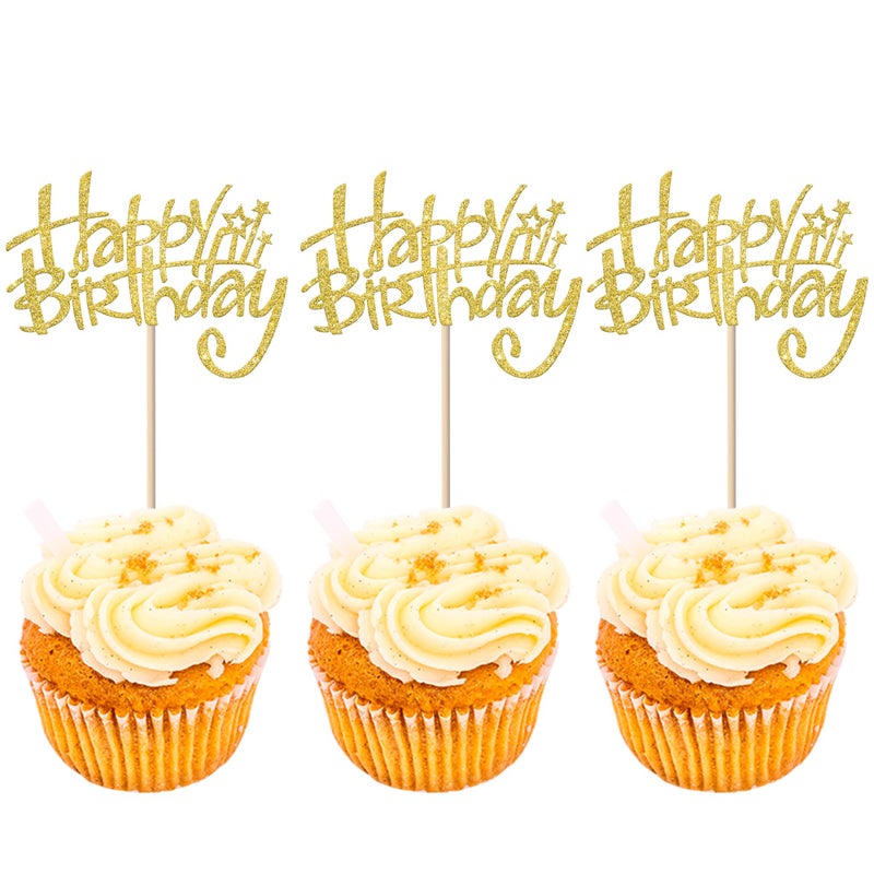 Rsstarxi 24 Pack Happy Birthday Cupcake Toppers  Golden Glitter Birthday Cake Decorations Cupcake Picks for Anniversary Party Decorations - Image 1