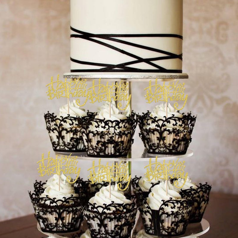 Rsstarxi 24 Pack Happy Birthday Cupcake Toppers  Golden Glitter Birthday Cake Decorations Cupcake Picks for Anniversary Party Decorations - Image 5