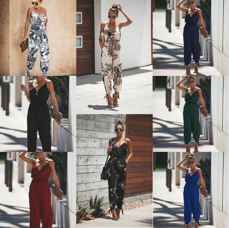 8 Colors, 8 Yards, 2025 Backless Lace Deep V Neck Suspender Cotton Long Jumpsuit - Image 2