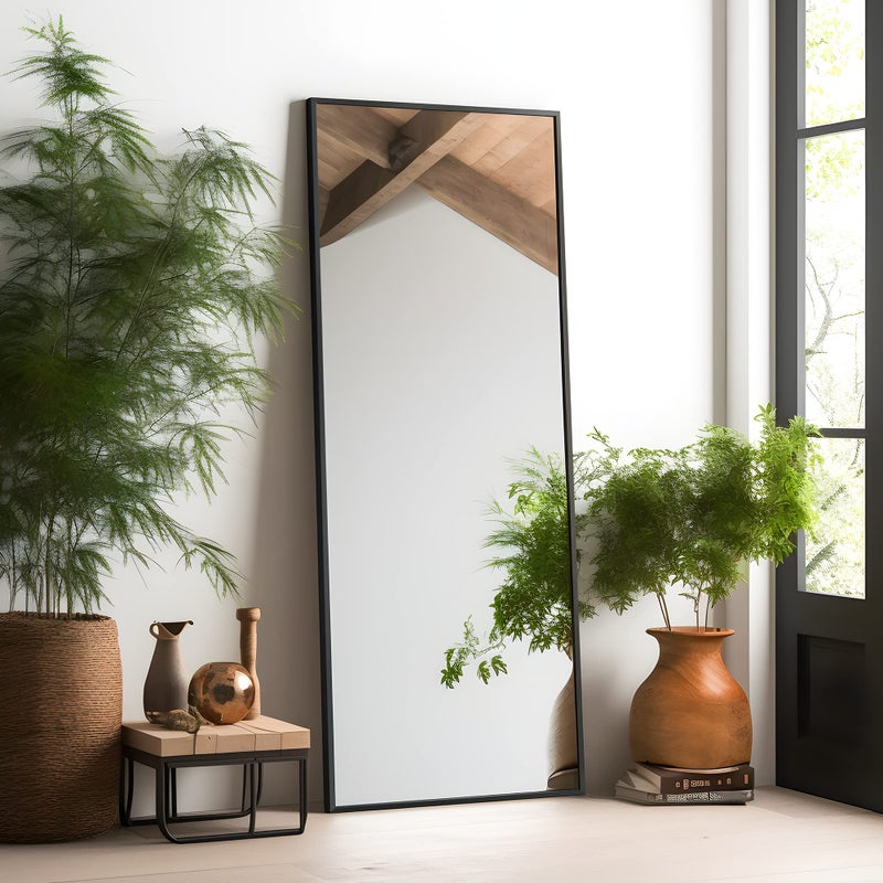 MIRUO Full Length Mirror 59 x 16 Aluminum Alloy Frame Floor Mirror with Stand Large Bedroom Mirror Free Standing or Wall Mounted or Leaning Against Wall Black AMR01054_M_USAM002