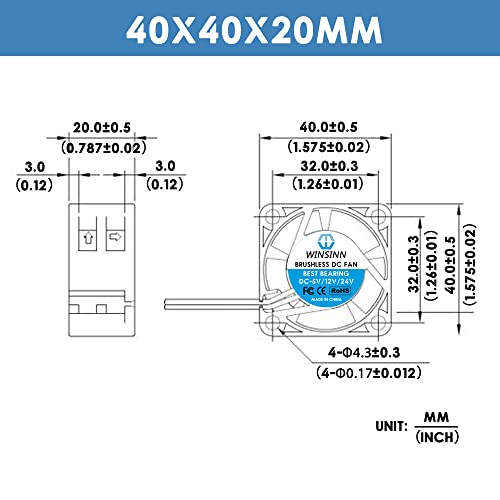 WINSINN 40mm 24V Fan - Hydraulic Bearing 8000 RPM 4020 Cooling Fan Replacement for 3D Printer/Industrial Equipment, 30cm Cable with XH2.54-2PIN, Brushless 40x20mm (4Pcs) - Image 2