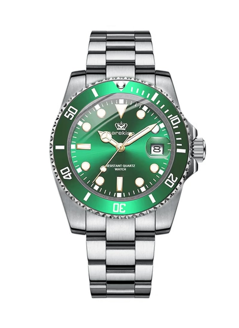carekiso Men's Quartz Silver Stainless Steel Band Green Dial Watch - 41mm  - Image 1