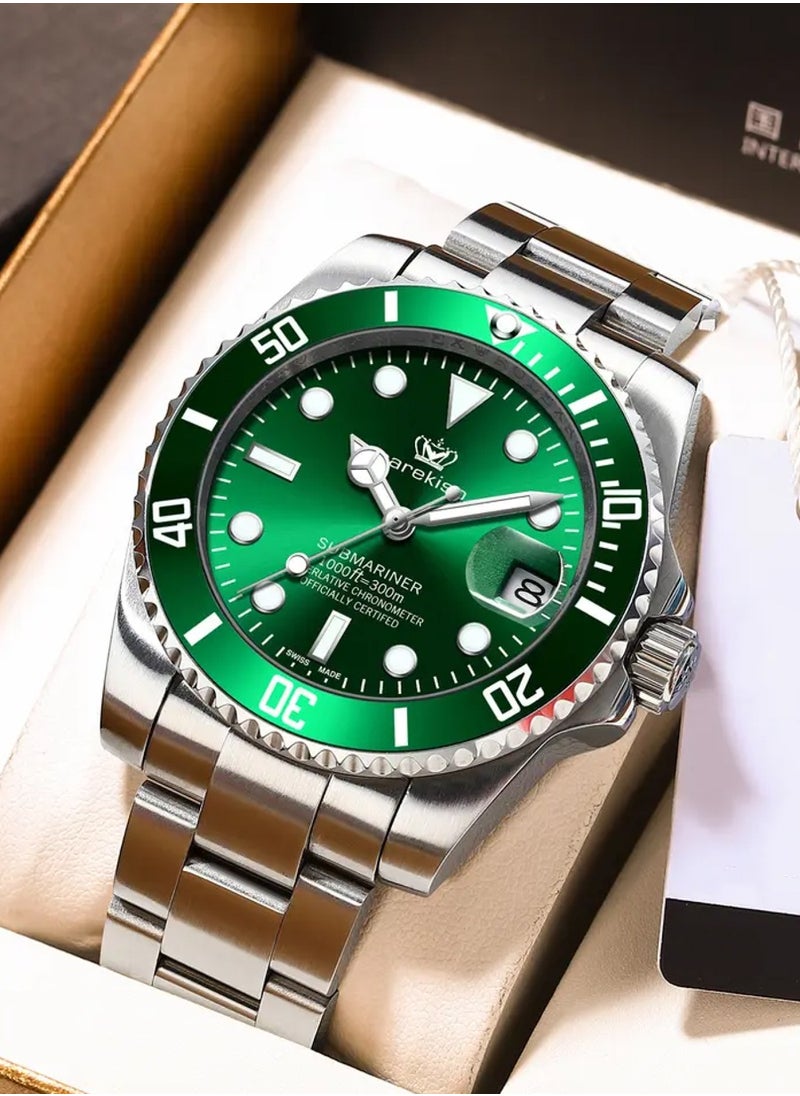 carekiso Men's Quartz Silver Stainless Steel Band Green Dial Watch - 41mm  - Image 4