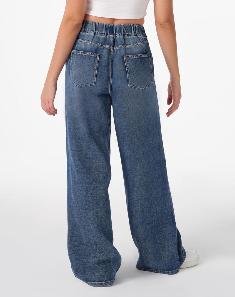 roswear Womens Jeans Non-Stretch Sweatpants Loose Fit Pull On Elastic Waist Front Seam Pants Washed Blue Medium - Image 2